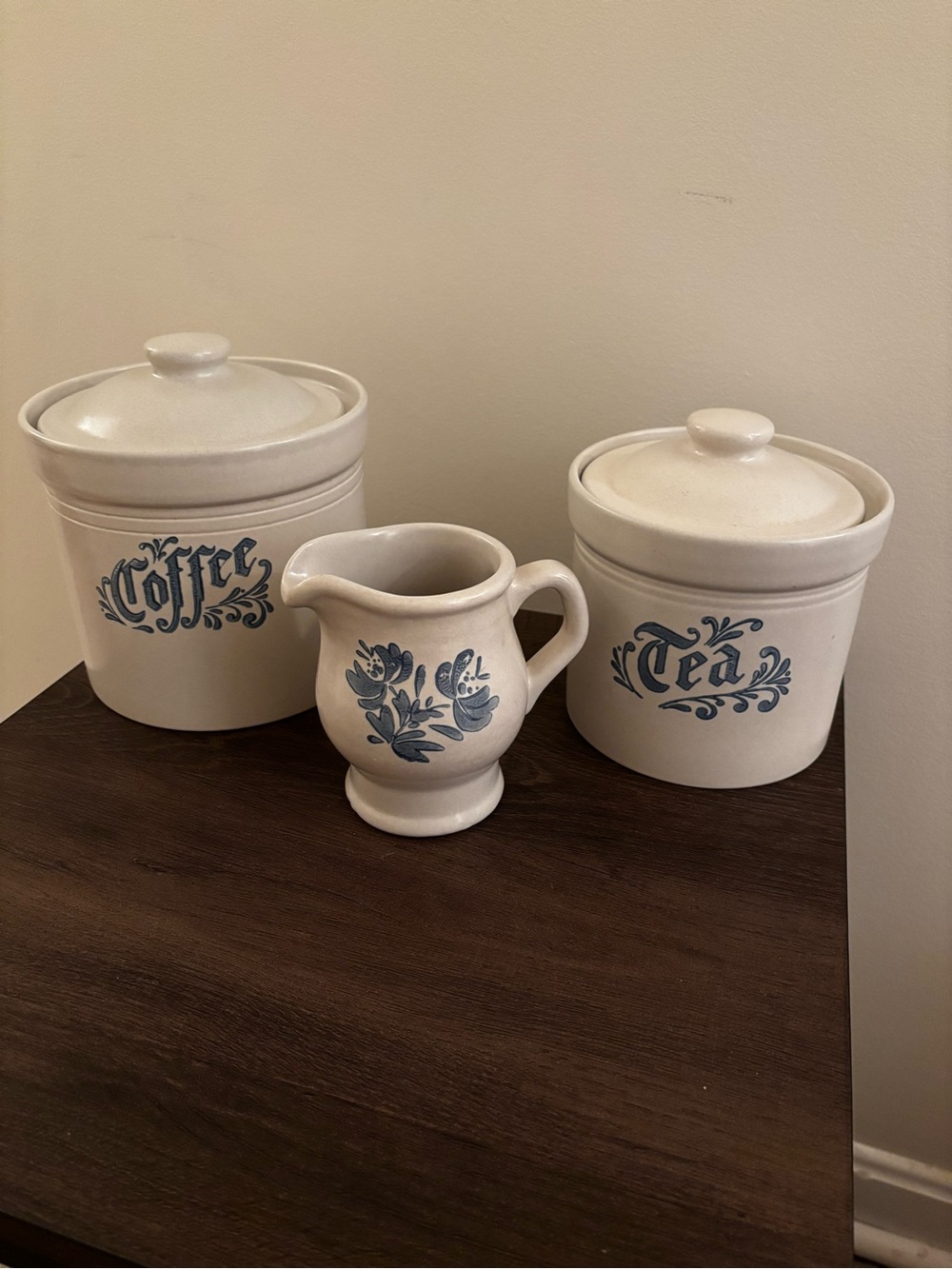Vintage Phaltzgraff stoneware Coffee & Tea Canister Set w/ Creamer - Blue Floral